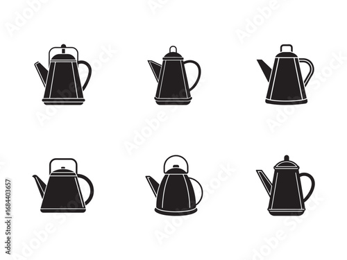 Collection of Black and White Teapot Silhouettes on White Background with Retro and Modern Designs for Kitchen and Tea Concepts