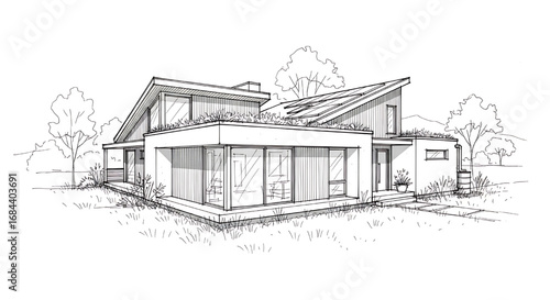 Angular and dynamic architectural sketch of a contemporary split-level home nestled in a minimalist landscape setting.
