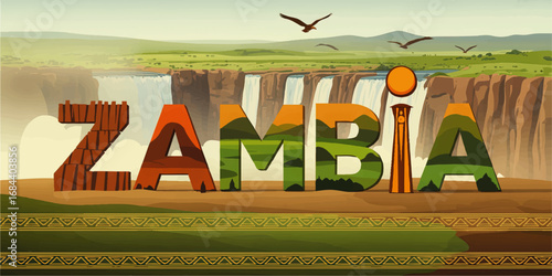 Zambia Vector Illustration with Victoria Falls, African Nature, Landscape, and Cultural Patterns for Travel and Tourism Design