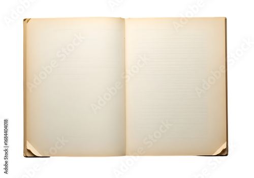 A vintage, open book with aged pages, showcasing blank, lined paper and delicate edges.