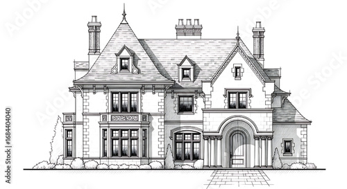 Architectural sketch of a stately Victorian-style house with a complex roofline, tower element, and detailed porch.