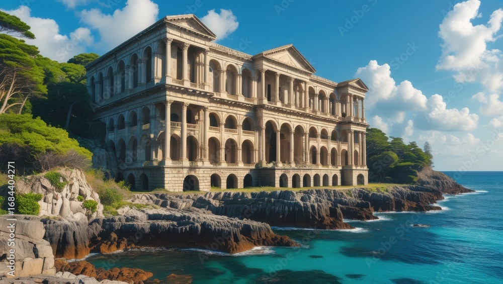 Fototapeta premium A grand, abandoned edifice stands overlooking a turquoise sea, nestled amongst lush greenery and dramatic coastal cliffs.