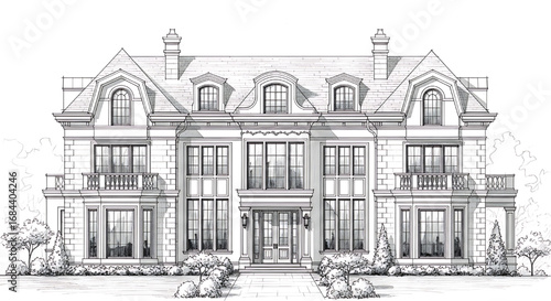 Ornate and detailed architectural drawing of a grand, symmetrical French chateau-style mansion with intricate facade details.