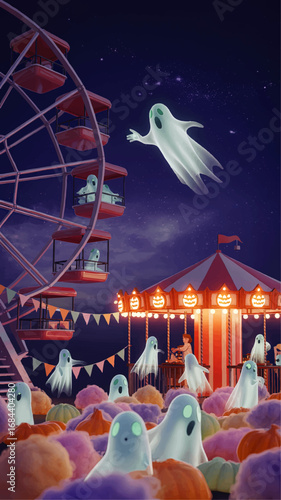Spooky Ghosts at Halloween Carnival Night Illustrations with Ferris Wheel, Pumpkins, and Festive Lights for Holiday Designs