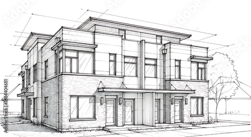 Architectural perspective sketch of a modern townhouse or multi-family residential building with varied facade depths.