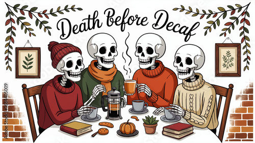 Cozy Autumn Skeleton Friends Drinking Coffee Illustration – Death Before Decaf, Humorous Halloween Café Art, Autumn Sweater Vibes