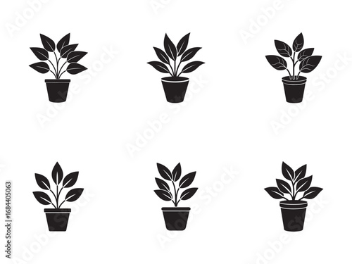 Collection of black potted plant icons in flat design representing growth and nature with white background for seamless pattern use