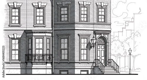 Intricate architectural illustration of a highly detailed, classic multi-story city building with complex facade elements.