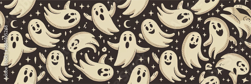 Cute Seamless Halloween Ghost Pattern Vector – Whimsical Cartoon Spooky Background with Stars and Moons, Kids Party Design