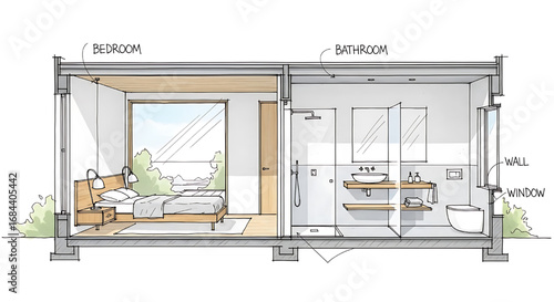 Detailed architectural section of a modern room with a large window, showing wall construction, insulation, and interior finishes.