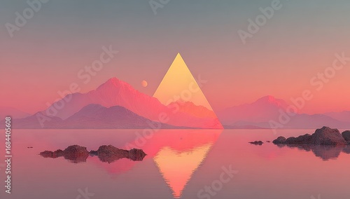 Calm sunset scene with a pyramid reflecting in still water
