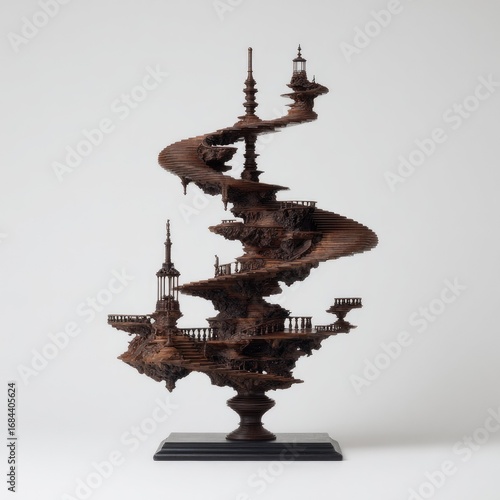 Intricate wooden sculpture; spiraling levels, towers, and platforms