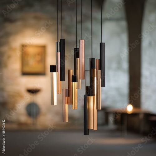 Multiple cylindrical pendants, copper and black, hang in a stone room