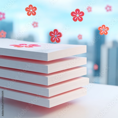Stacked white rectangles with stylized red flowers, city backdrop