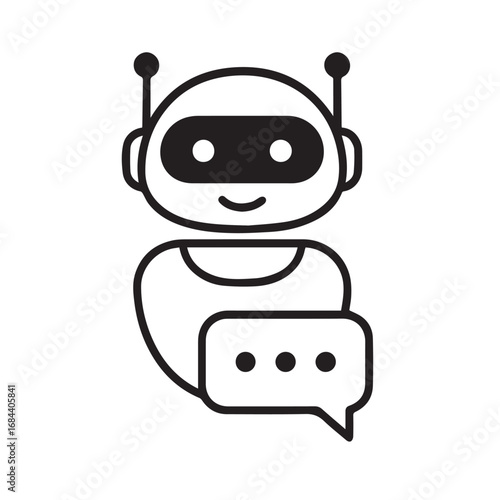 Vector design depicting AI ChatGPT symbolized with robot and messaging elements, rendered in monochrome black and white with bold clean outlines.