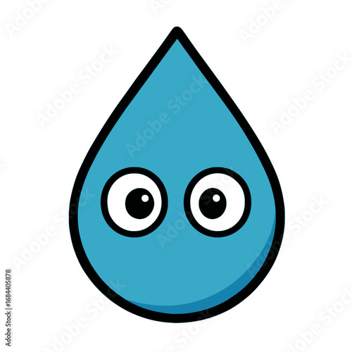 Flat vector illustration of a single raindrop with cartoon eyes on a white background
