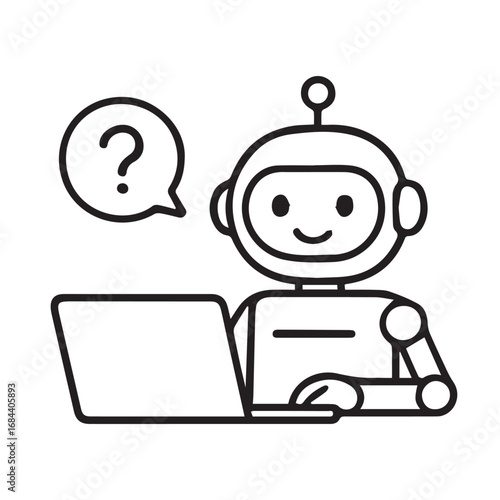 A black and white vector artwork showing ChatGPT AI represented with robot figure and message bubbles, outlined strongly in black for minimalist modern design.