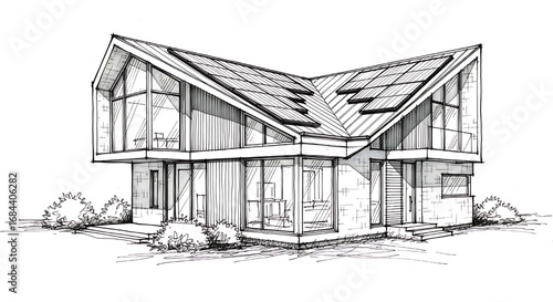 Expressive sketch of a contemporary home with a dramatic, angular roof, nestled among rocks and minimalist landscaping.
