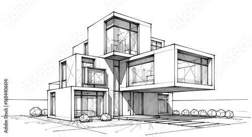 Architectural concept sketch of a modular, futuristic house composed of stacked, interlocking rectangular volumes.