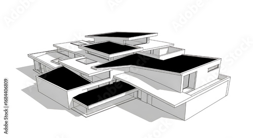 Isometric projection of a complex, multi-level modern building, showcasing an intricate layout of roofs and terraces.