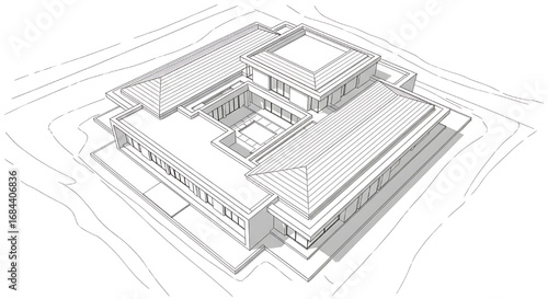 Top-down perspective sketch of a modern residential complex or villa with multiple courtyards and interconnected spaces.