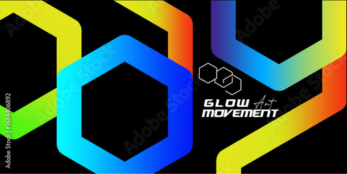 Glow Art Movement Hexagon Abstract Geometric with Backdrop Black .Logo Design Modern Abstract Background, Digital Glow Art Cybernetic Glow