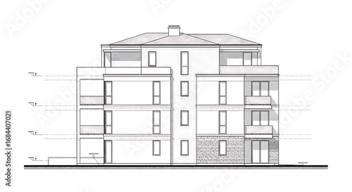 Front elevation drawing of a modern four-story apartment building with balconies and simple, clean facade lines.