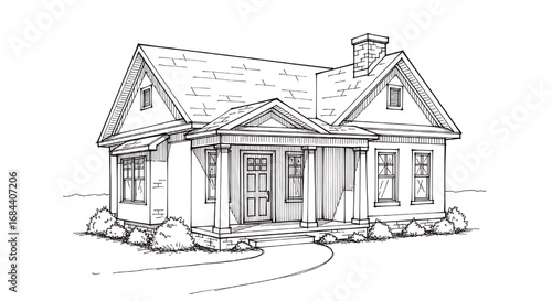 Charming architectural sketch of a traditional single-story cottage or bungalow with stone details and a welcoming entryway.