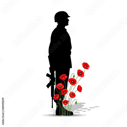 Silhouette of a soldier standing guard near vibrant red poppies symbolizing remembrance honor and