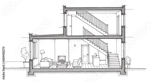 Detailed architectural cross-section of a two-story house, clearly showing the staircase, floor levels, and roof structure.