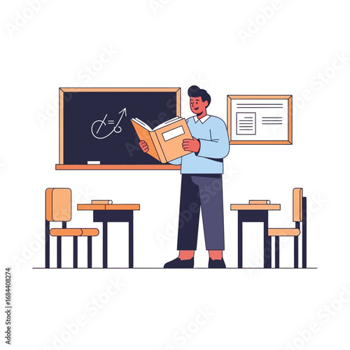 Classroom environment: Teacher explaining a new topic, using the book as a learning guide