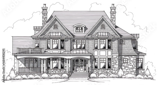 Grand and detailed sketch of a large, classic American-style house with a wrap-around porch and multiple gables.
