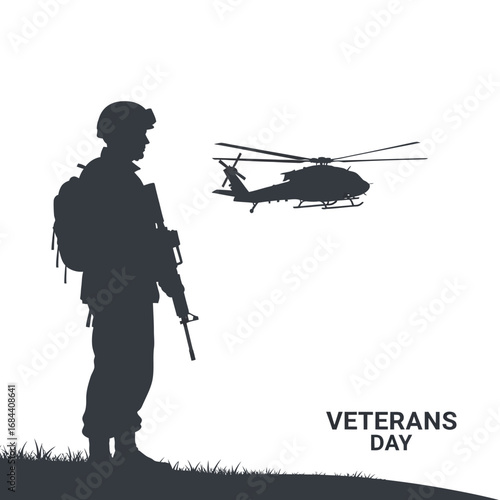 Silhouette of a soldier with helicopter, a tribute to military service and sacrifice during