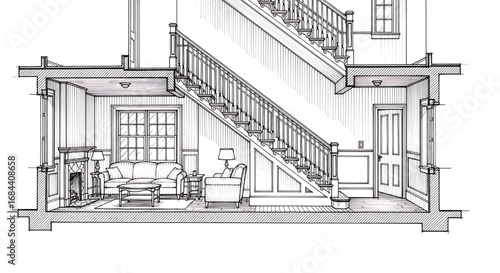 Architectural cutaway view focusing on a modern staircase, illustrating its connection between two floors of a house.