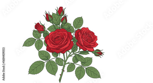Stunning red roses bloom with vibrant petals and fresh green leaves, perfect for romance