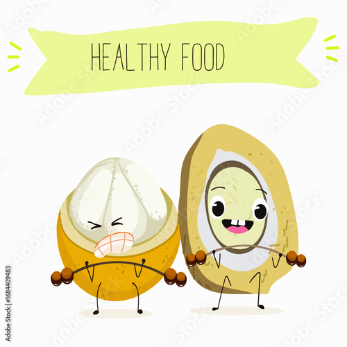 Platonia insignis, bacuri, funny characters, hand drawn vector illustration.