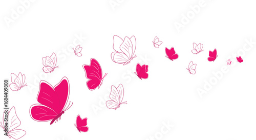 Dynamic pink butterflies fluttering across a clean white background creating a sense of freedom