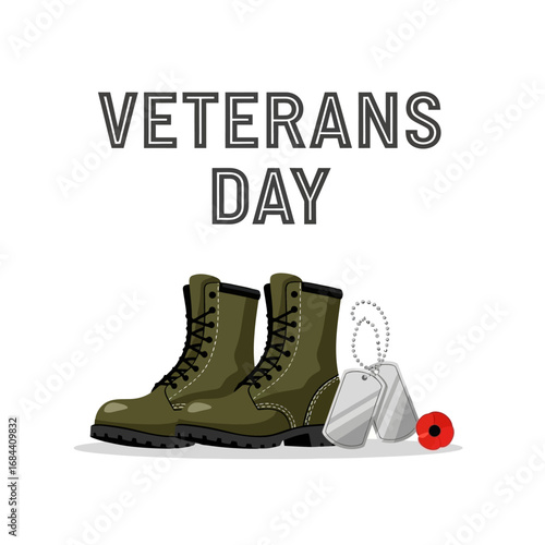 Saluting service: A tribute to veterans with boots, dog tags, and symbolic poppy illustration