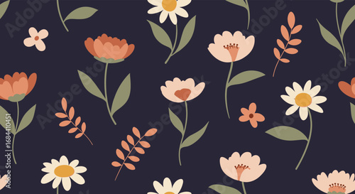 Elegant floral pattern design with daisies and leaves on a dark background for textiles and decor