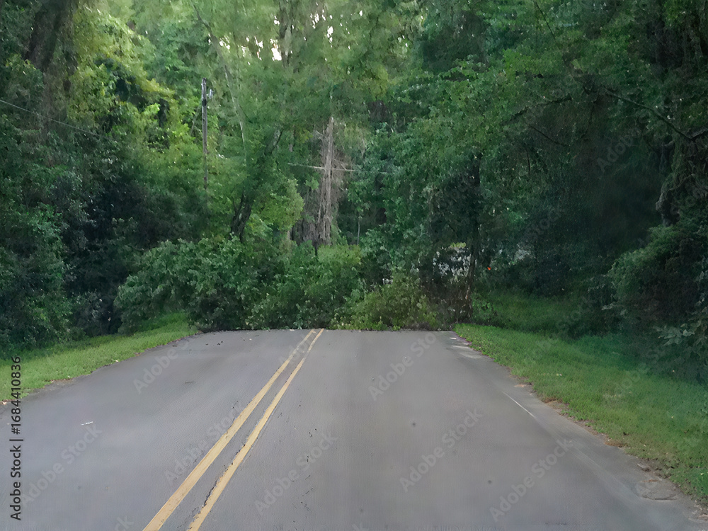 Obraz premium Fallen tree blocking rural road after storm