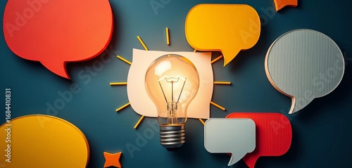Flat lay of light bulb and speech bubbles, brainstorming concept, flat lay, visual