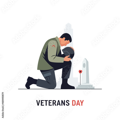 Solemn illustration of a soldier kneeling in remembrance on Veterans Day for fallen comrades