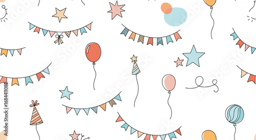 Festive party decorations with balloons, stars, and colorful bunting for joyful celebrations