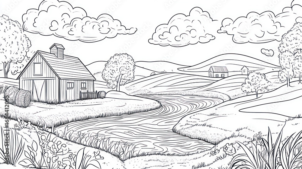 Obraz premium Countryside farm scene, tranquil landscape, coloring book illustration, artistic drawing
