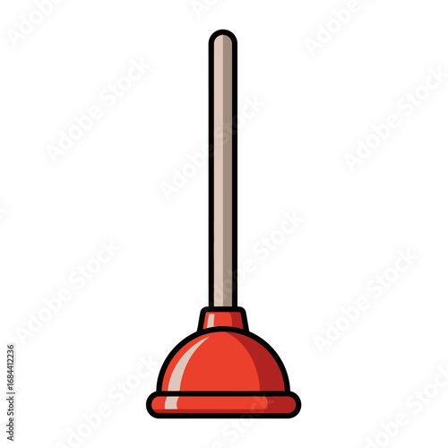 A red plunger with a wooden handle set against a plain white backdrop display graphic