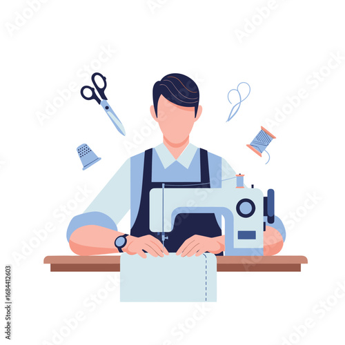 Focused tailor working on garment creation with classic sewing machine tools backdrop