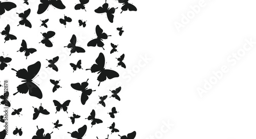 Elegant black butterfly silhouettes dancing across a clean white backdrop for design projects