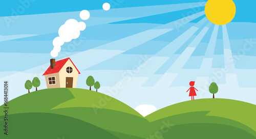 Whimsical illustration of a sunny day with a charming house and a person enjoying the view