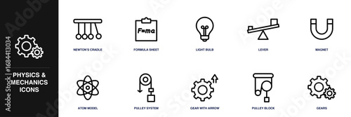 Physics and Mechanics Line Icon Set