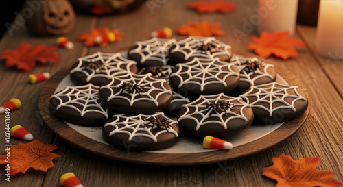A halloween treat of chocolate cookies decorated with spiderwebs on a wooden plate with candy corn around it
